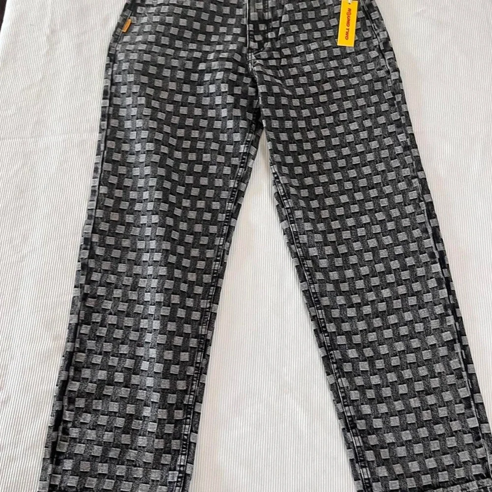 Round Two Basket Weave Checkerboard Denim Jeans Black Grey Mens 30 NEW